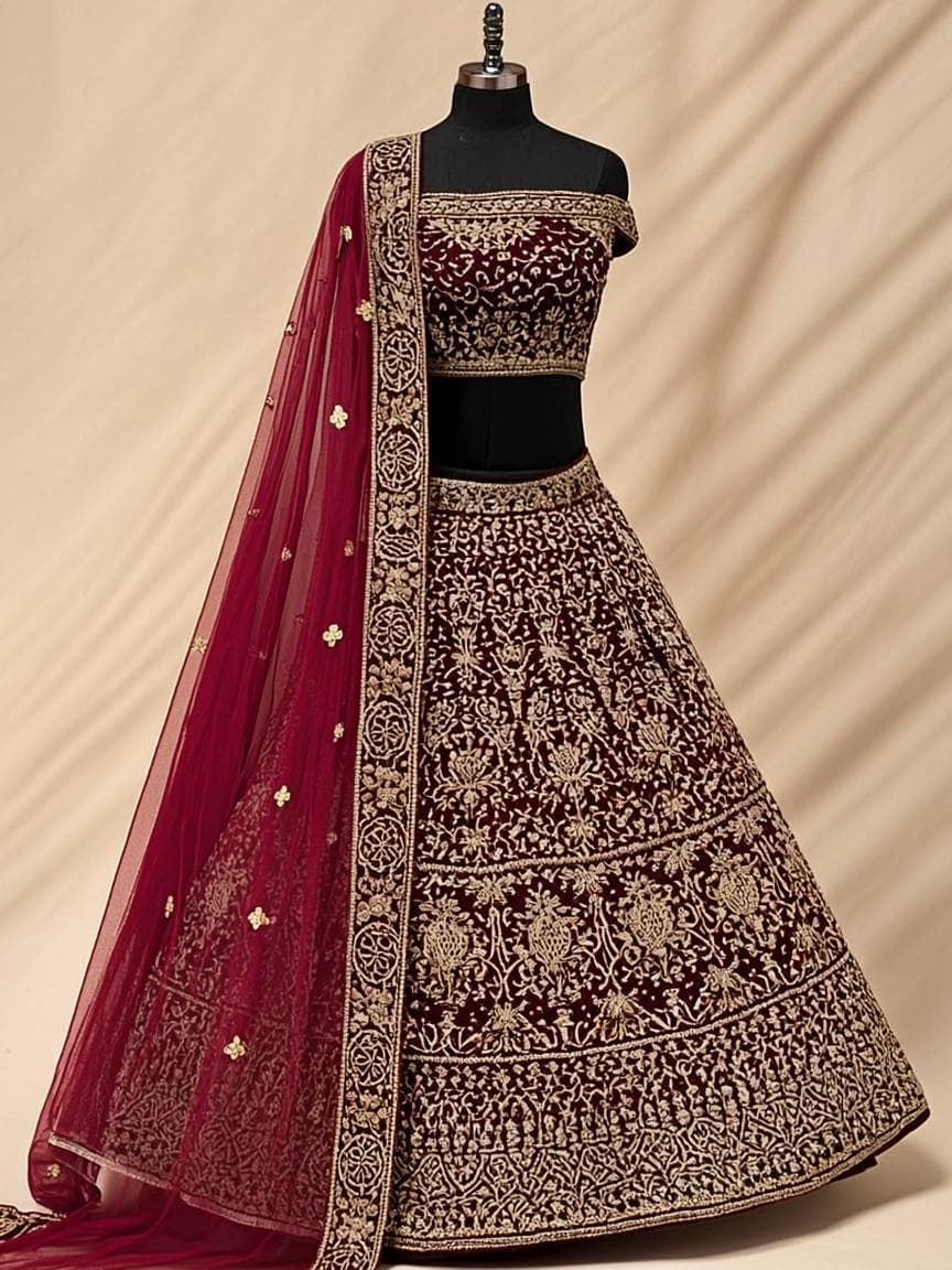 Maroon Gold Zardozi Lehenga - Lehenga at House of Radhya Kharar